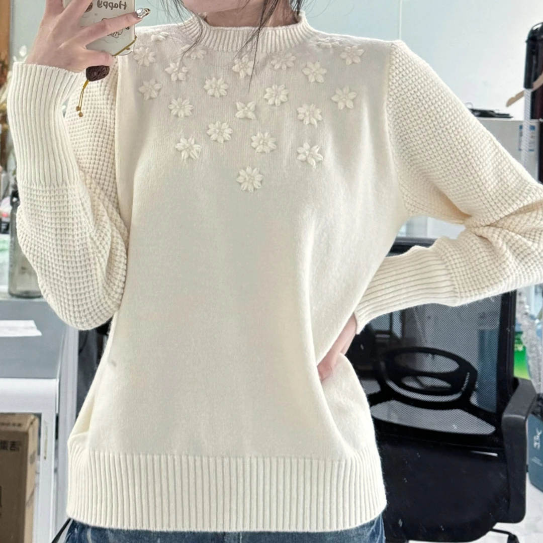 【Jason colors】秋冬新款钩花长袖立体毛衣针织上衣女