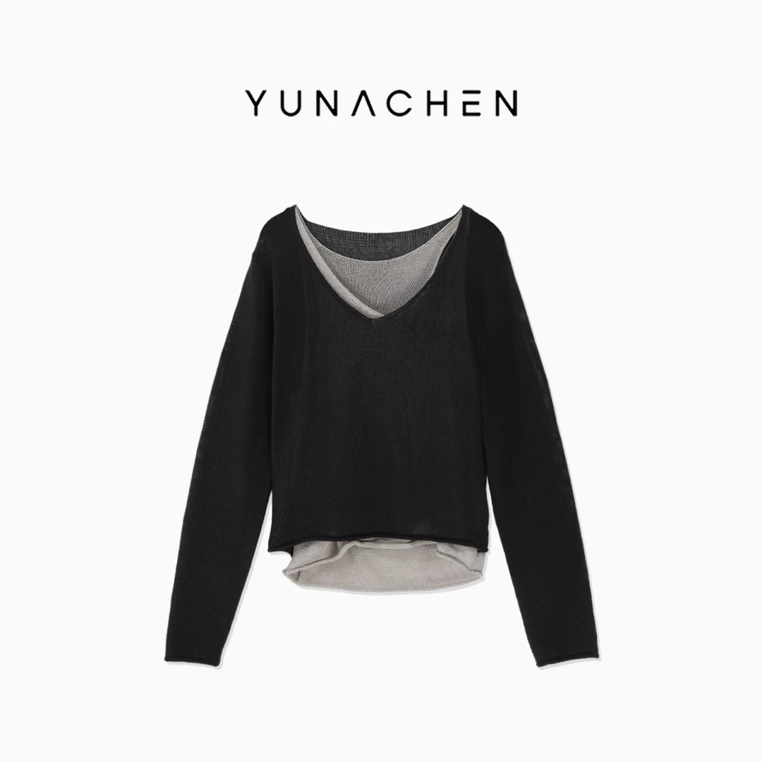 菠萝宝宝yuna【罗蒂】亚麻莱赛尔假两件撞色镂空显瘦女长袖上衣YD25