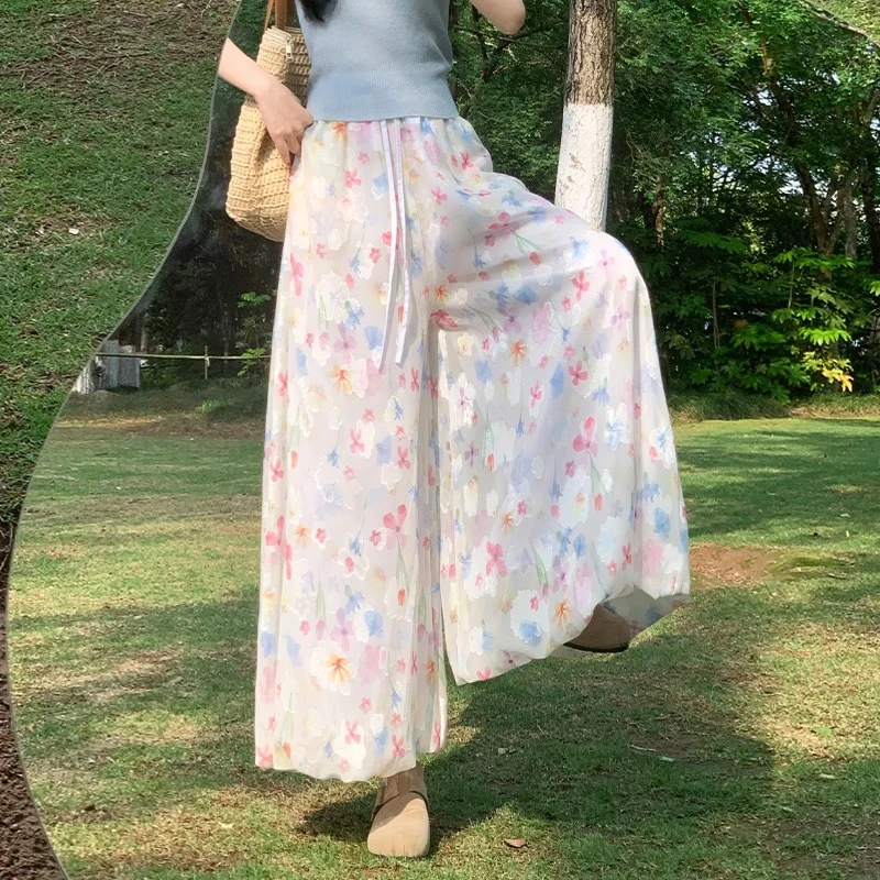 2025新款碎花画报花苞裙裤女夏季a字半身裙小个子高腰垂感阔腿裤