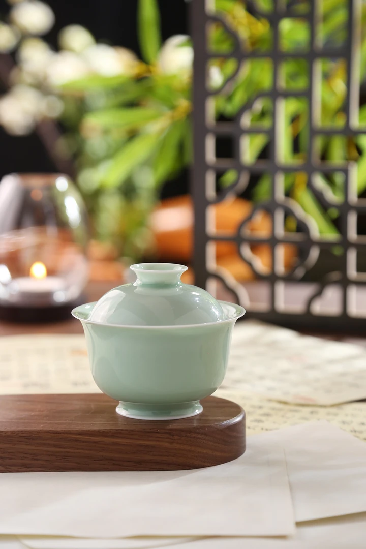 【艺汉严选】景雨工坊 梅子青单色釉金钟器型盖碗 金钟器型原创窑口