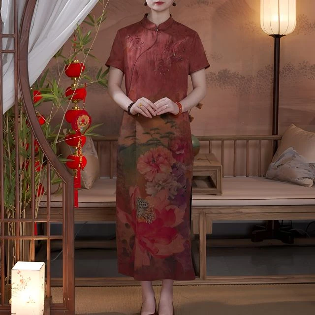【100%桑蚕丝】高端刺绣香云纱旗袍连衣裙夏季女士宽松妈妈装长裙