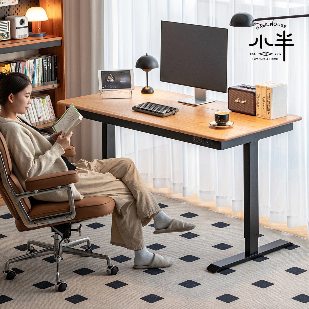 小半家具电动升降桌实木小户型可升降倾斜书桌家用电脑学习桌橡木