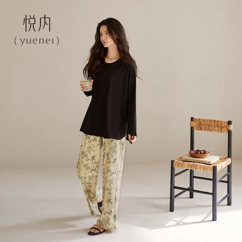 悦内睡衣女款春秋季秋天莫代尔长袖家居服圆领套头春夏季薄款黑色