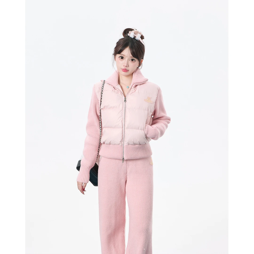 笨比甜Sweety 粉色针织拼接羽绒服外套女冬季休闲长裤甜美套装