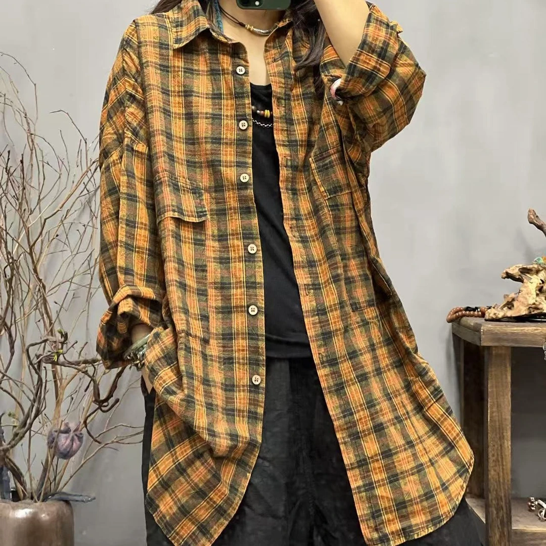 57 122 秋季新品休闲炒色怀旧格子文艺女中长款衬衫 胸围130长85