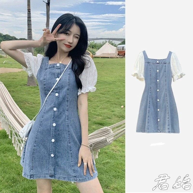 法式方领牛仔连衣裙女夏季2025新款小个子收腰显瘦复古气质A字裙