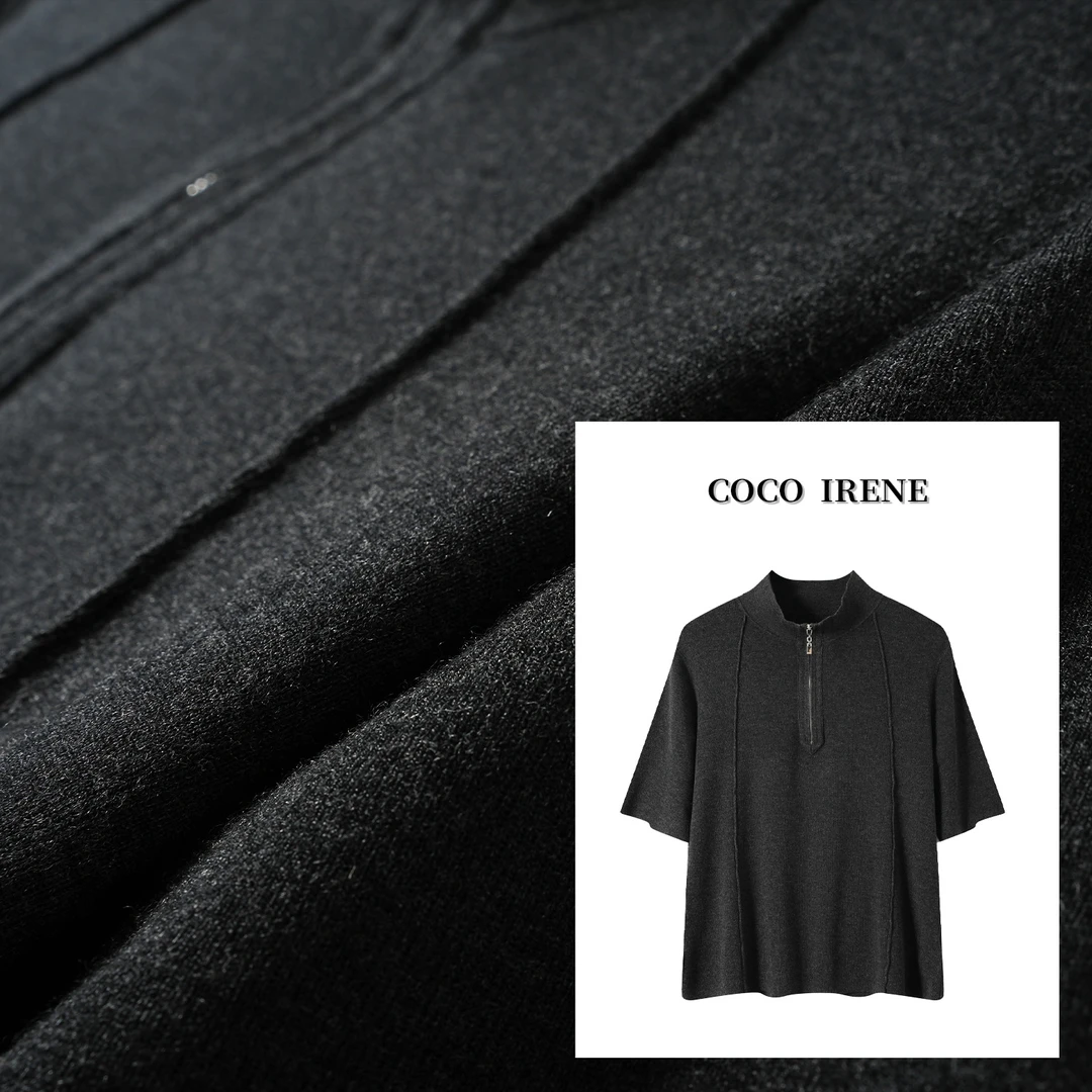 COCO IRENE【顶奢】 2025春高奢裸肤不扎拉链立领短袖针织上衣