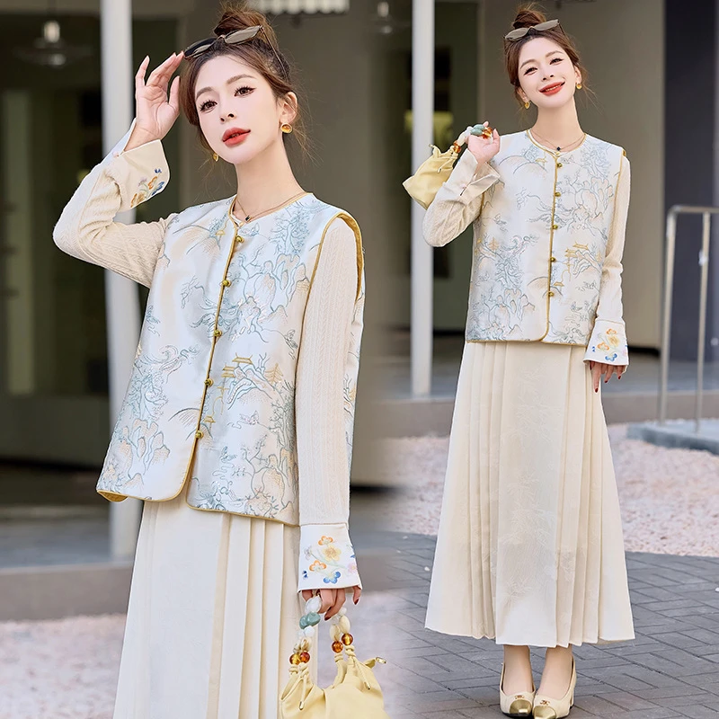 气质名媛感国风马2025春季新款女装新中式金丝圆领背心外套