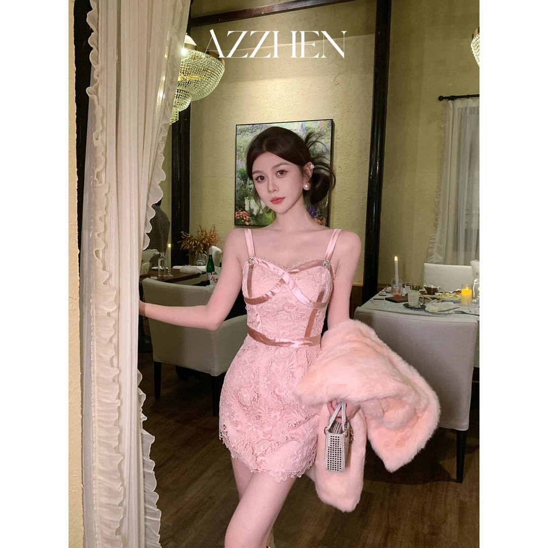 AZZHEN【微醺花屿】温柔风蕾丝拼接吊带连衣裙裙子AZ5BSL28-00