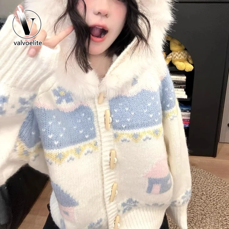 VALVOELITE慵懒风提花牛角扣连帽毛衣女2024秋设计感甜美开衫外套