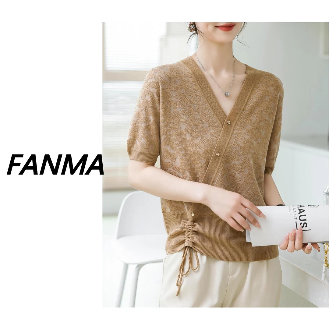 #抽绳设计# V领斜扣设计女士针织衫 时尚洋气女上衣 F208-813