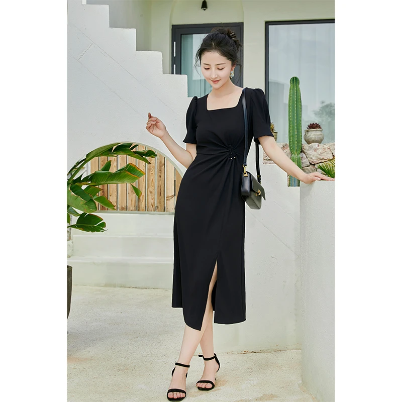 朵以2025夏季新款收腰显瘦小黑裙长裙连衣裙39DX830067