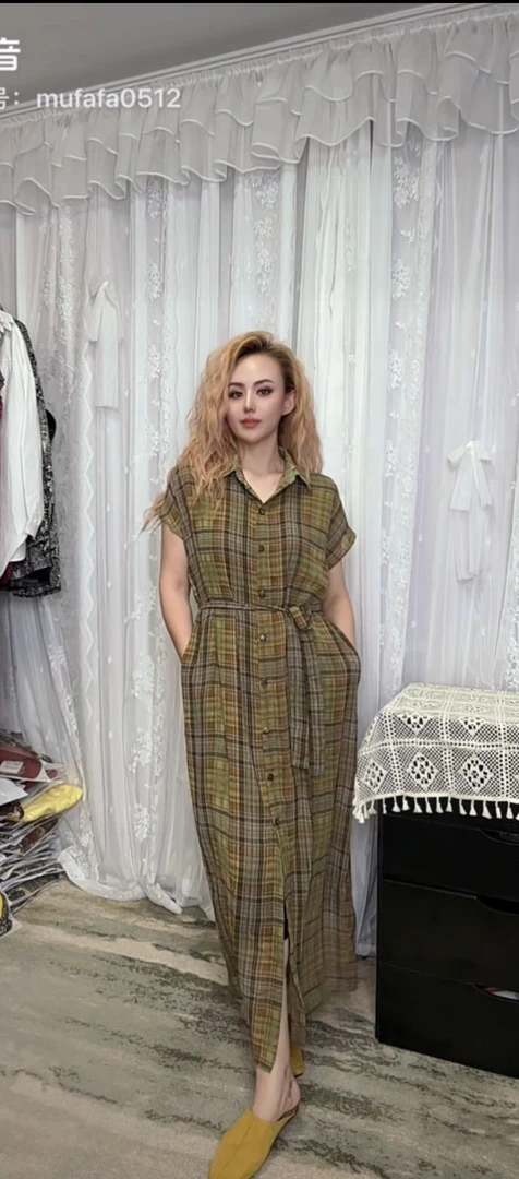 格子雪纺布连衣裙大码显瘦