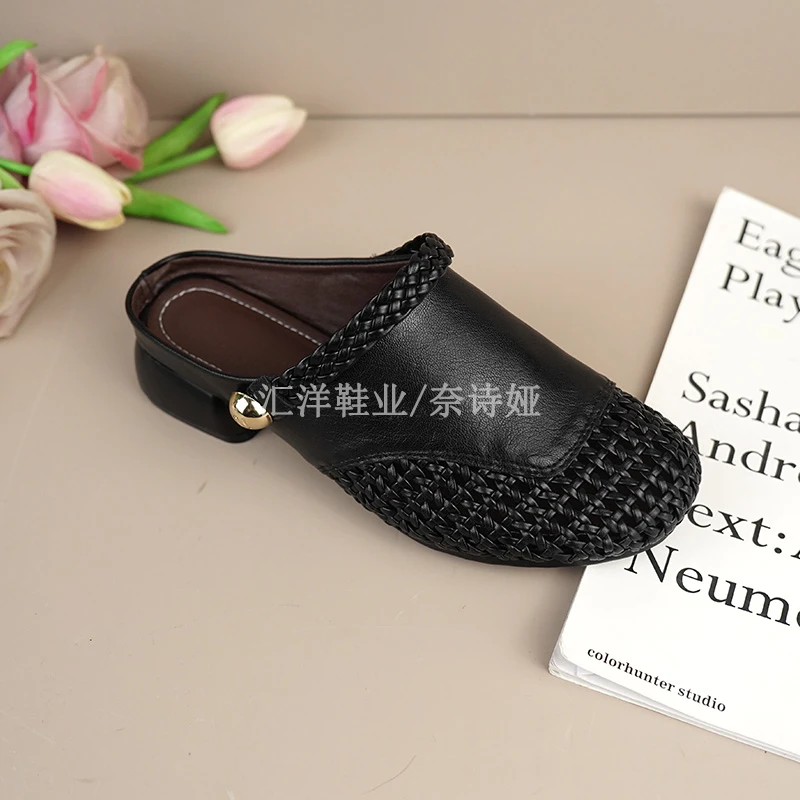 羊皮真皮包头拖外穿拖鞋透气编织镂空夏季粗跟女式软底凉鞋128