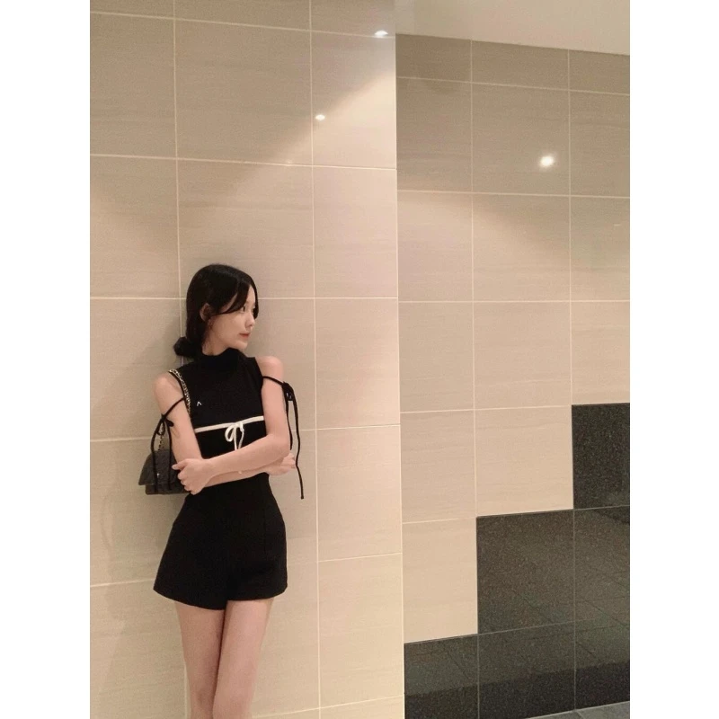 甜美蝴蝶结撞色无袖针织背心女秋冬新款气质百搭显瘦短裤两件套潮