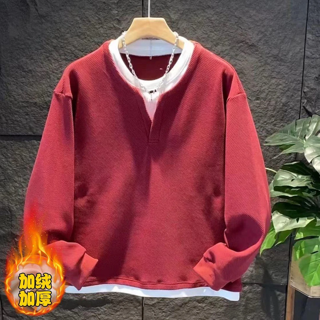 2025秋冬新款小V领假两件卫衣男韩版潮流休闲宽松百搭打底衫上衣