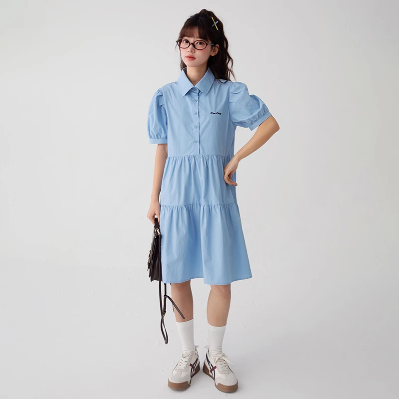 初中生2025夏季新款泡泡袖学院风连衣裙C25BL0147C