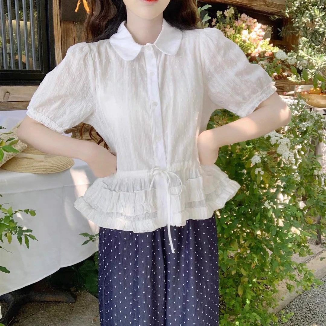 夏季新款8672女士法式气质短款木耳边白色短袖衬衫