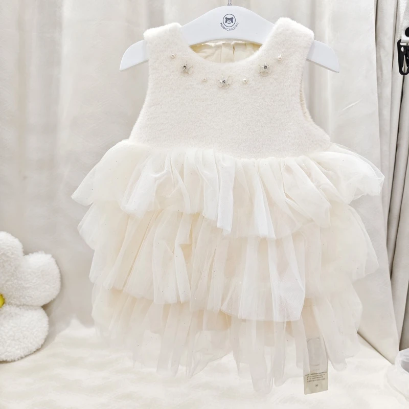 米乐熊女童秋冬【上拼夹棉下拼加绒】花朵钉珠背心裙4185