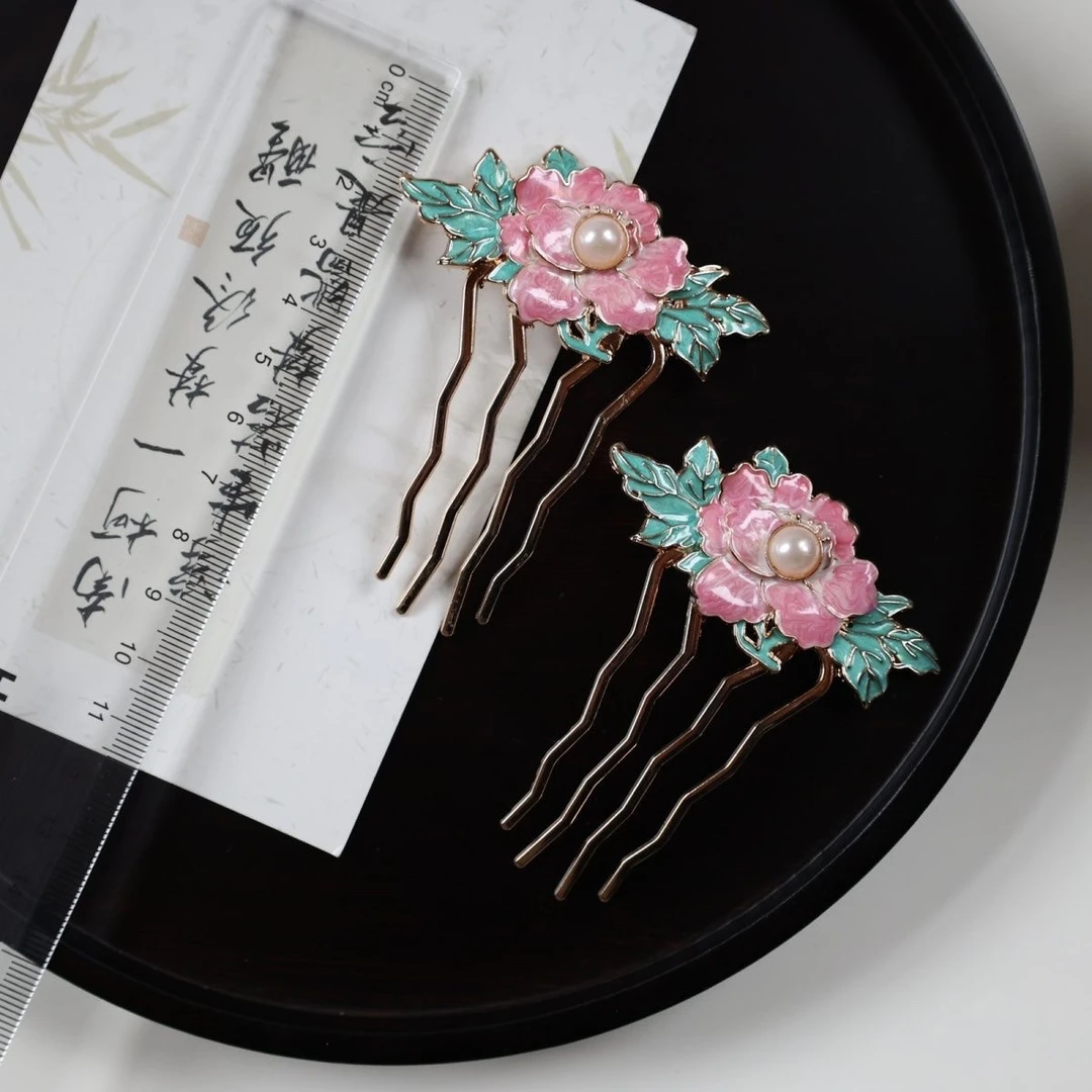 南枝原创牡丹花插梳烧蓝发梳汉服配饰头饰古风明制仿点翠发钗