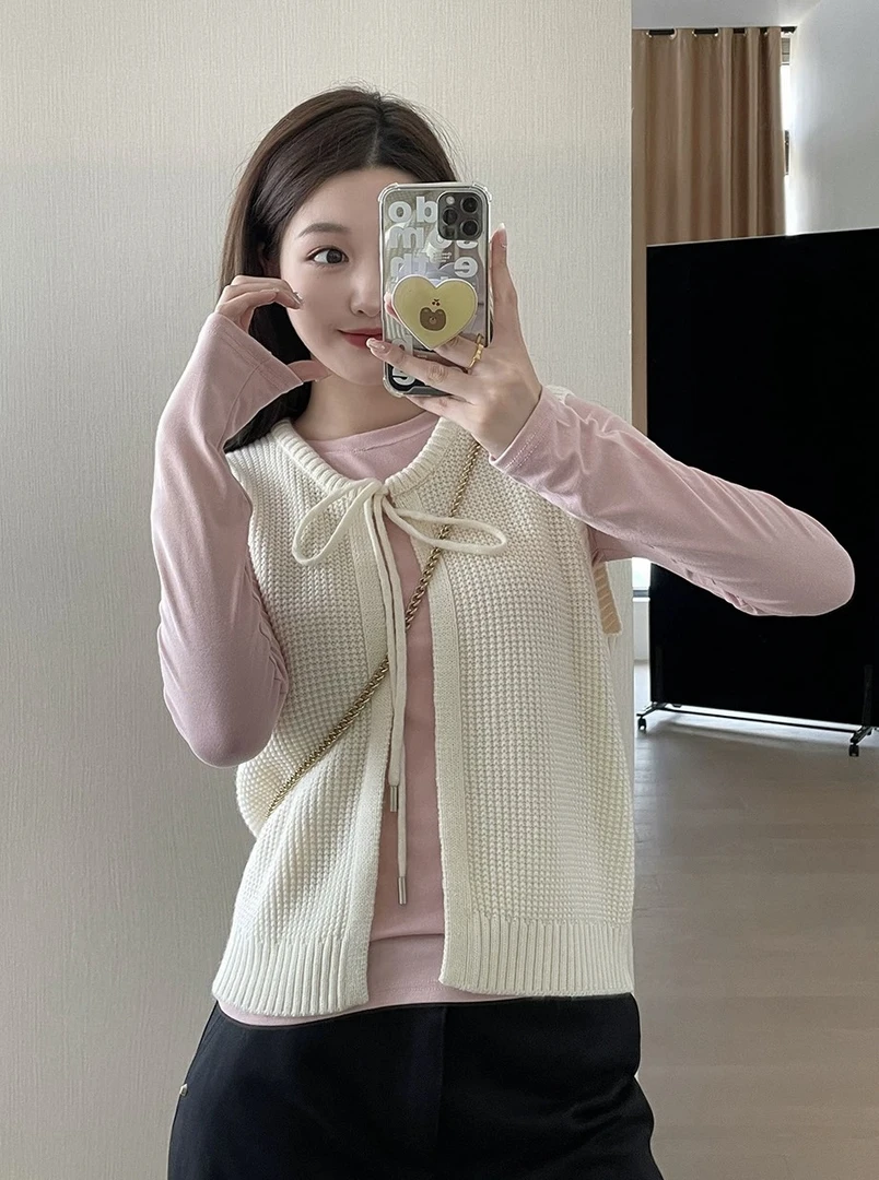 圆领系带针织马甲背心女设计感小众无袖毛衣坎肩上衣