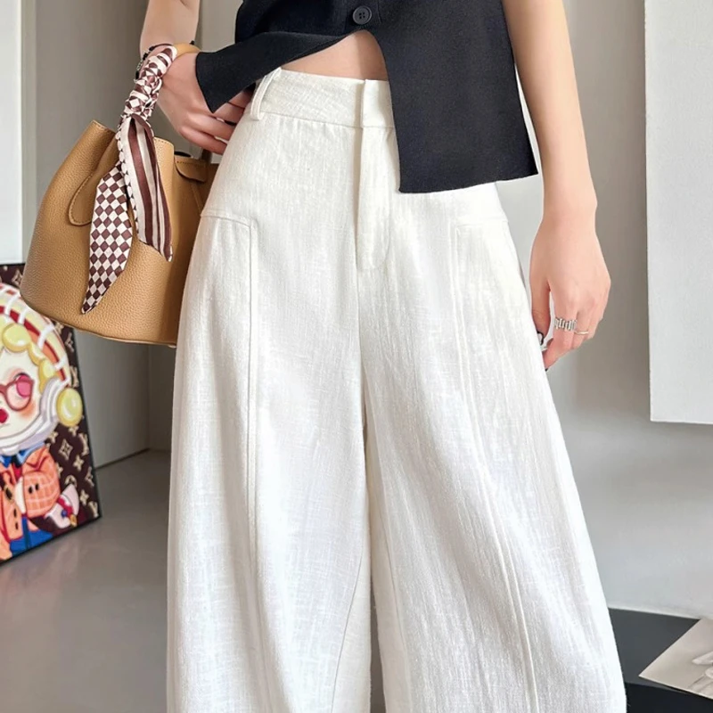白色苎麻阔腿裤女夏季薄款冰丝新款高腰西装休闲慵懒风亚棉麻裤子