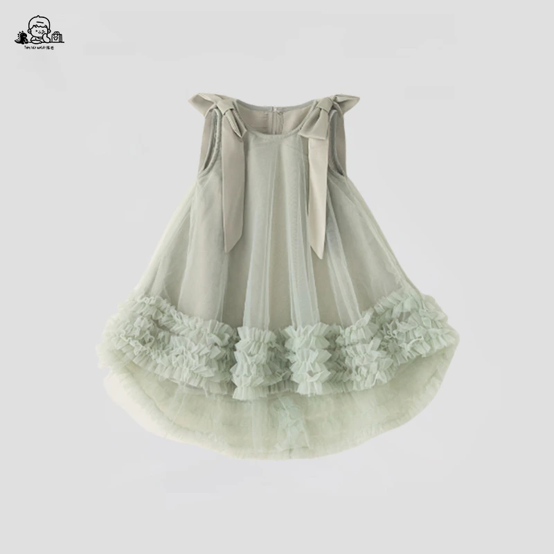 2025新款女童纯色连衣裙夏款日常蕾丝纱纱裙蝴蝶带无袖仙女公主裙