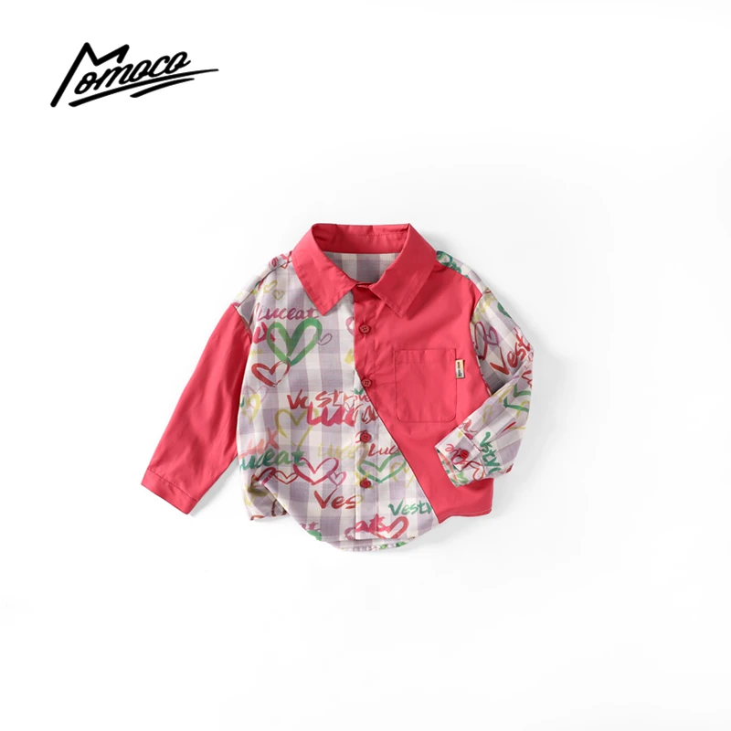 MOMOCO秋季新款男童时尚洋气爱心格子潮流拼接衬衫75730234014