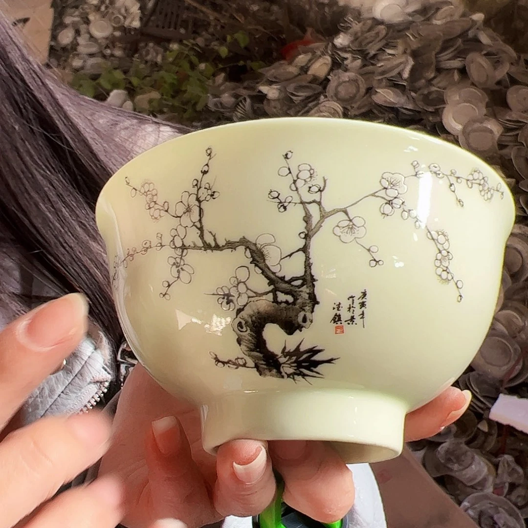 摆件陶景德镇绿xixi墨彩梅花4.75寸碗