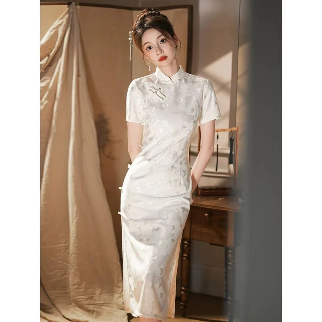 【C48】2025新款小个子高端白色订婚旗袍女改良复古连衣裙