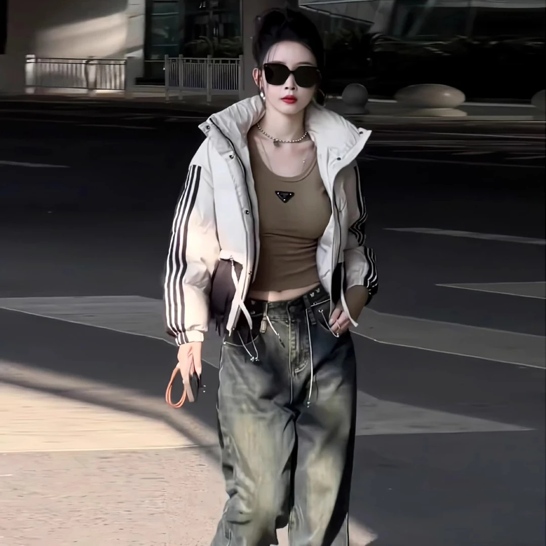 欧货高级感撞色三条杠立领棉服外套女冬季新款小个子百搭加厚上衣