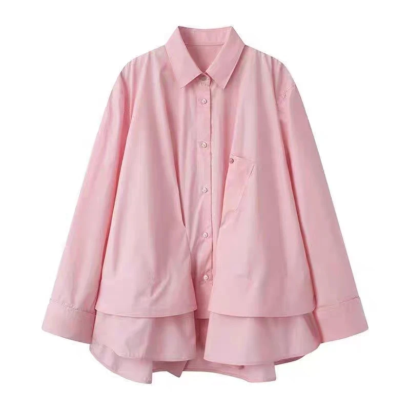 江系25现货春季新品翻领叠褶衬衫休闲宽松百搭假两件长袖衬衣上衣