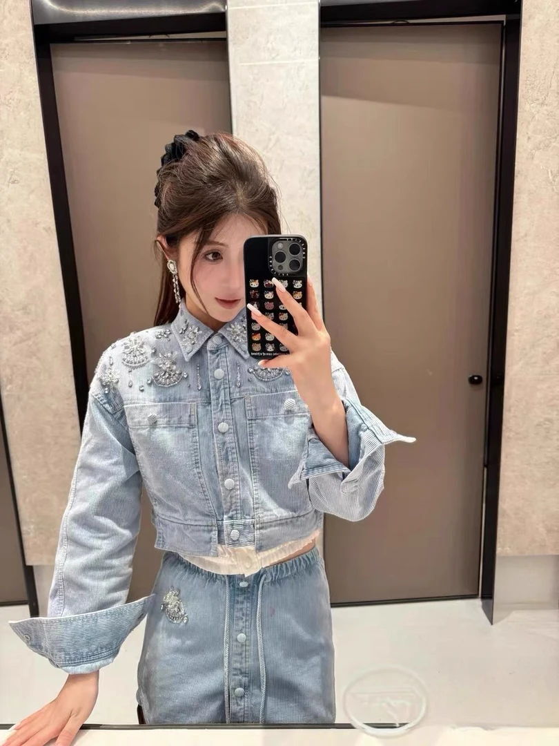 花颜丹妮少女重工钉珠灯芯绒牛仔外套2025春季新款