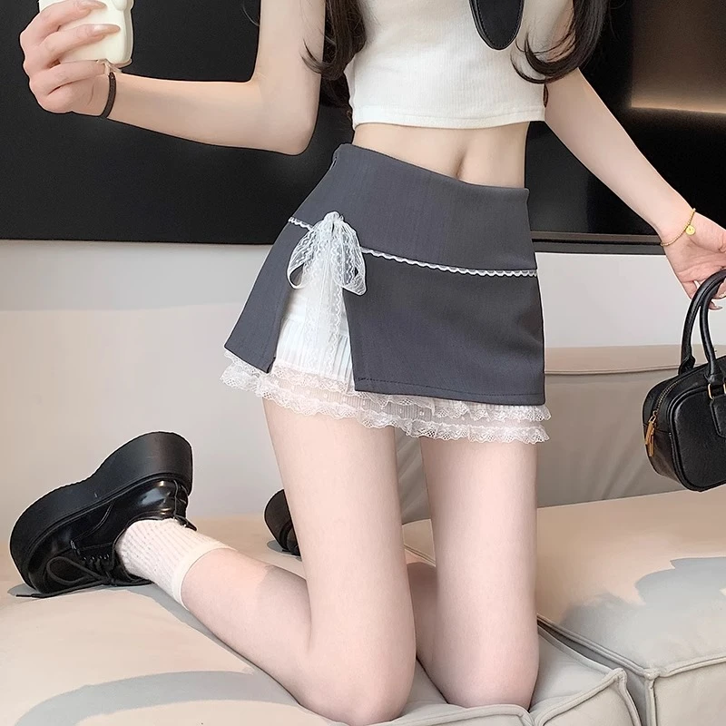 灰色蕾丝甜美半身裙裤女夏季新款高腰显瘦防走光系带开叉包臀短裙