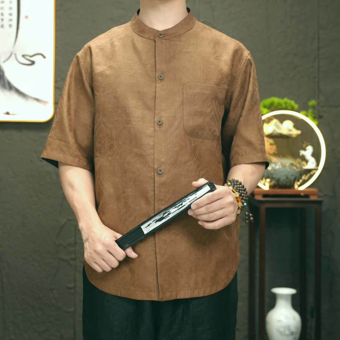 香云纱提花100桑蚕丝夏季男士香云纱中式立领国风休闲短袖衬衫