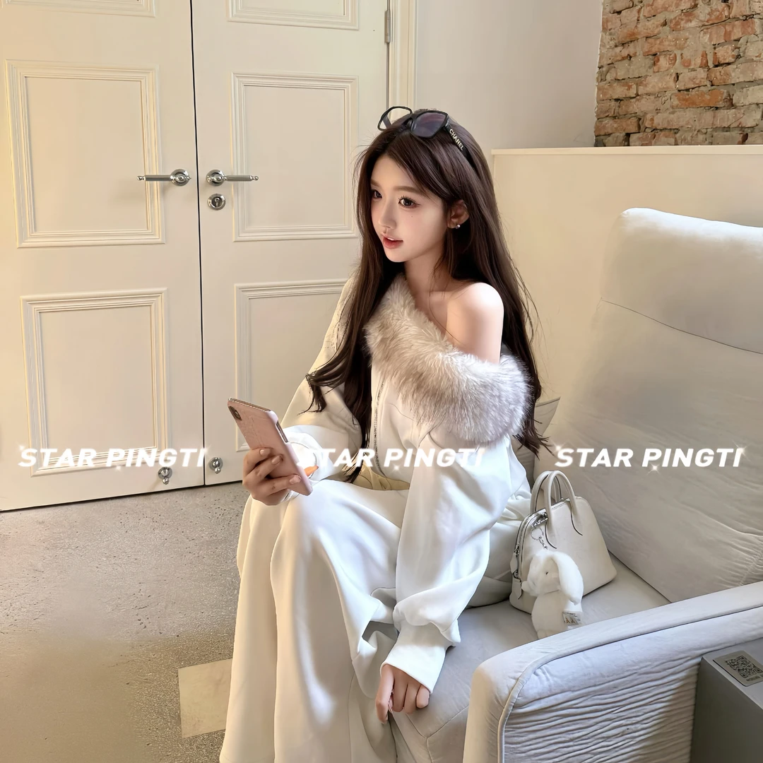 韩系绝美小套装冬装女重工可拆卸毛毛领露肩卫衣外套阔腿裤两件套