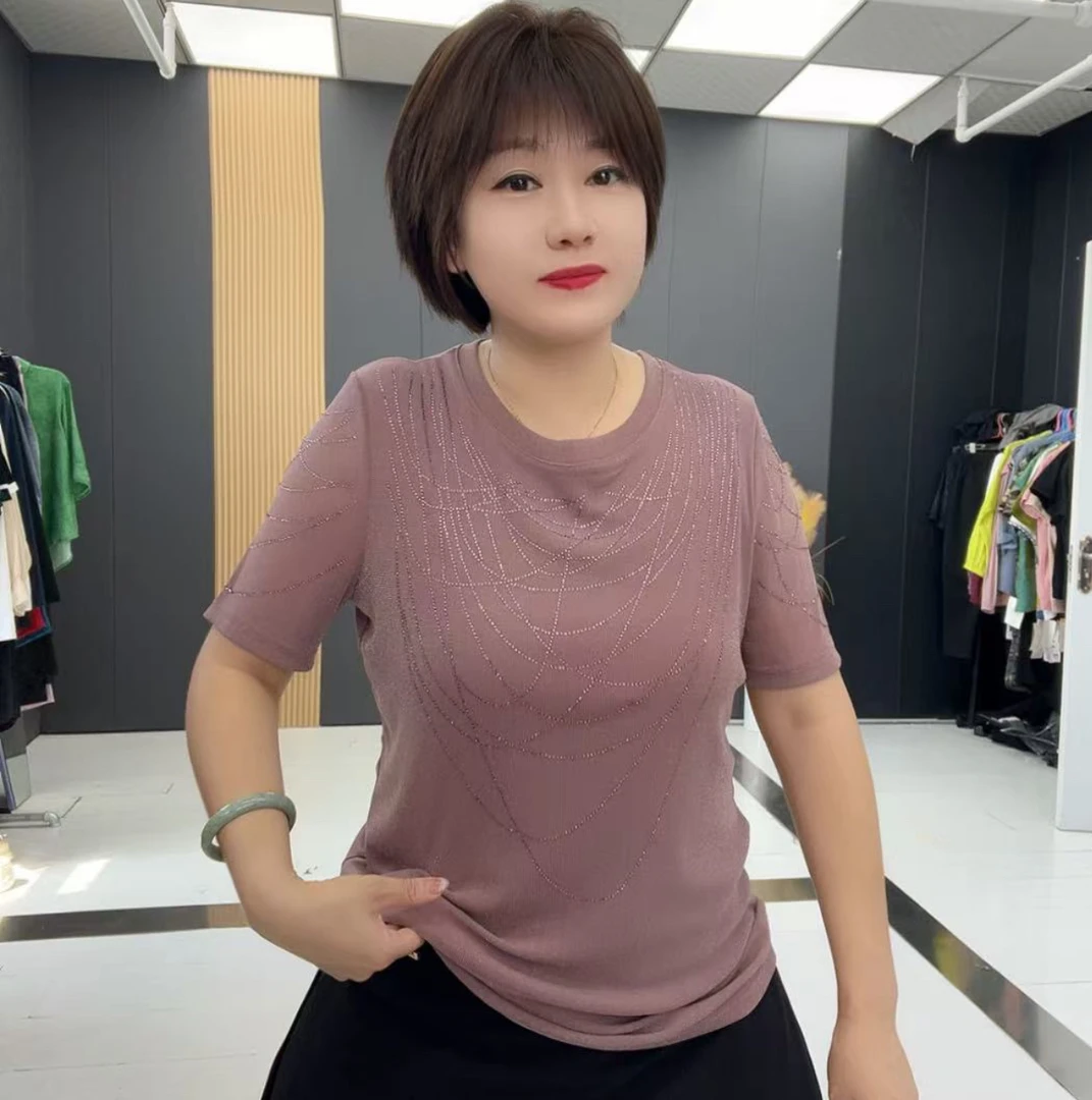 新款时尚百搭洋气圆领钻半袖显瘦气质网红针织女士夏季修身-3075