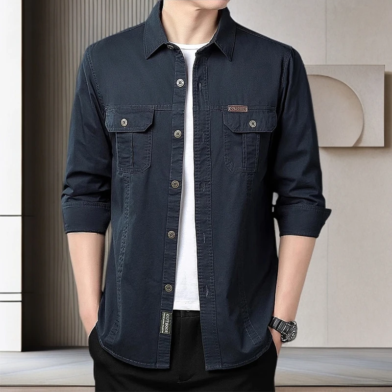 AK WARZONE男士长袖纯棉工装衬衫百搭薄款大码中年休闲衬衣男宽松