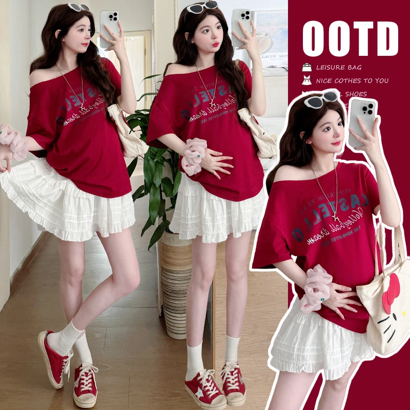 实拍 现货 美式复古斜肩短袖印花T恤+孕妇半身裙两件套孕妇装