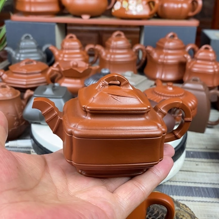 茶壶紫砂四方竹鼓150-330cc原矿赵庄朱泥