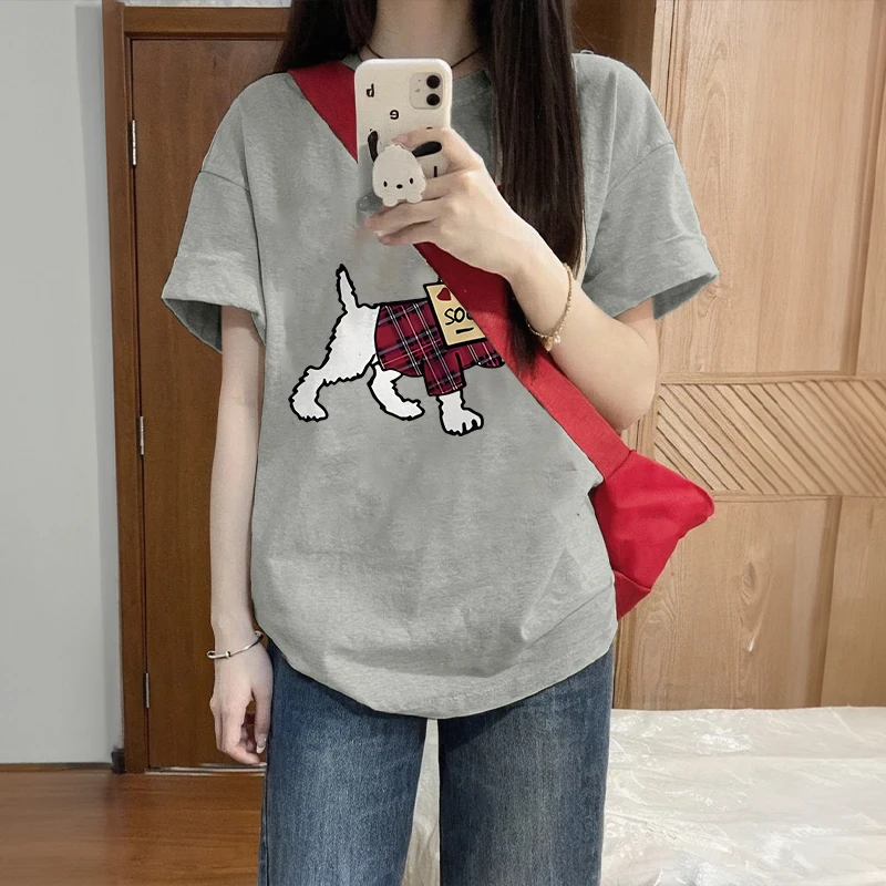 纯棉重磅夏季灰色圆领纯棉短袖t恤女慵懒风宽松独特别致半袖上衣