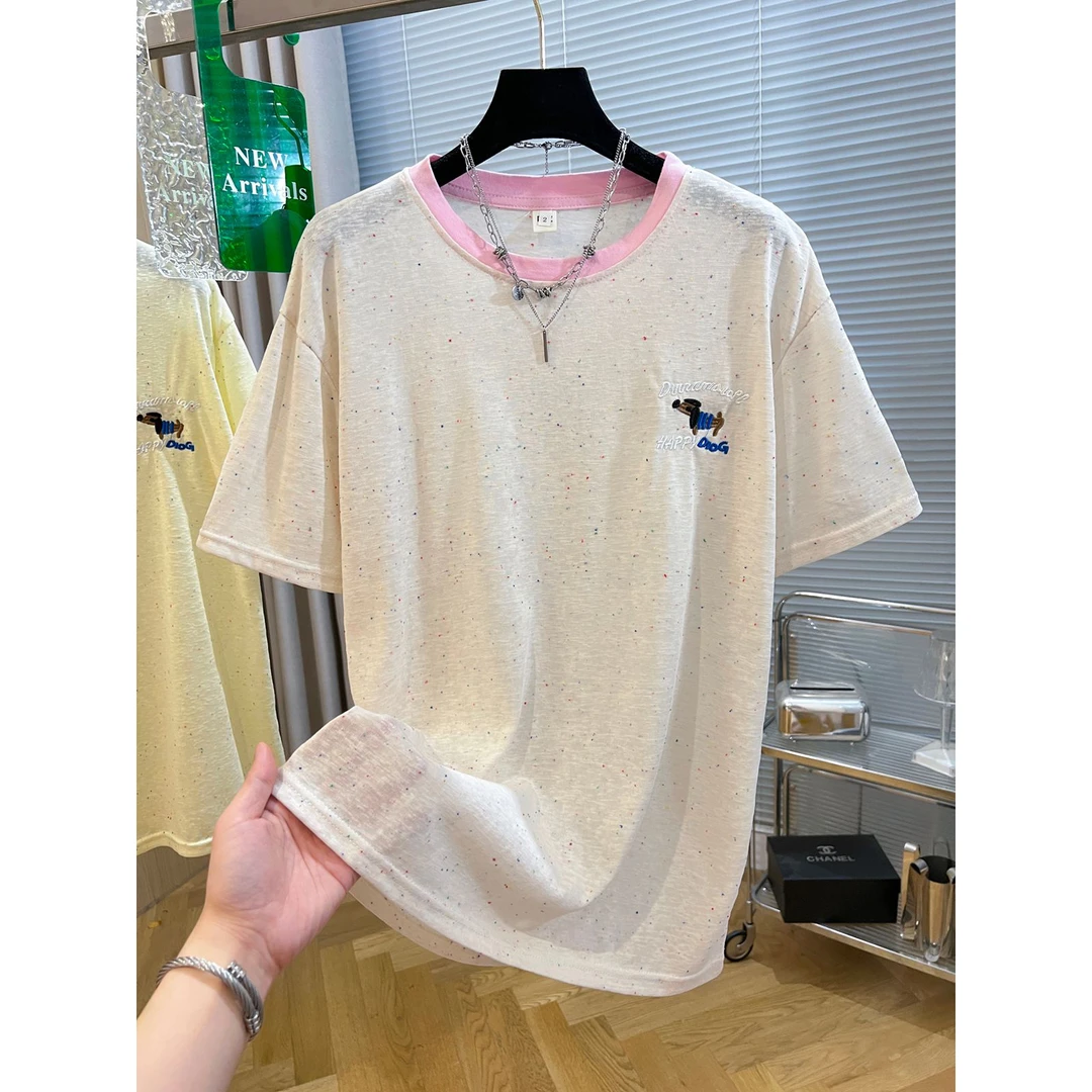 胖mm240斤大码彩点卡通小狗刺绣短袖女夏季薄款透气宽松半袖上衣