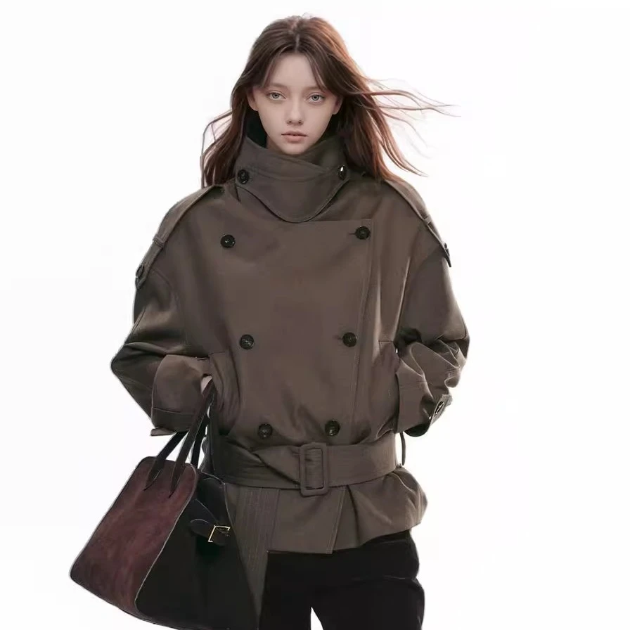 25AW廓形复古大立领宽肩短款双排扣系腰风衣外套女韩版女主夹克