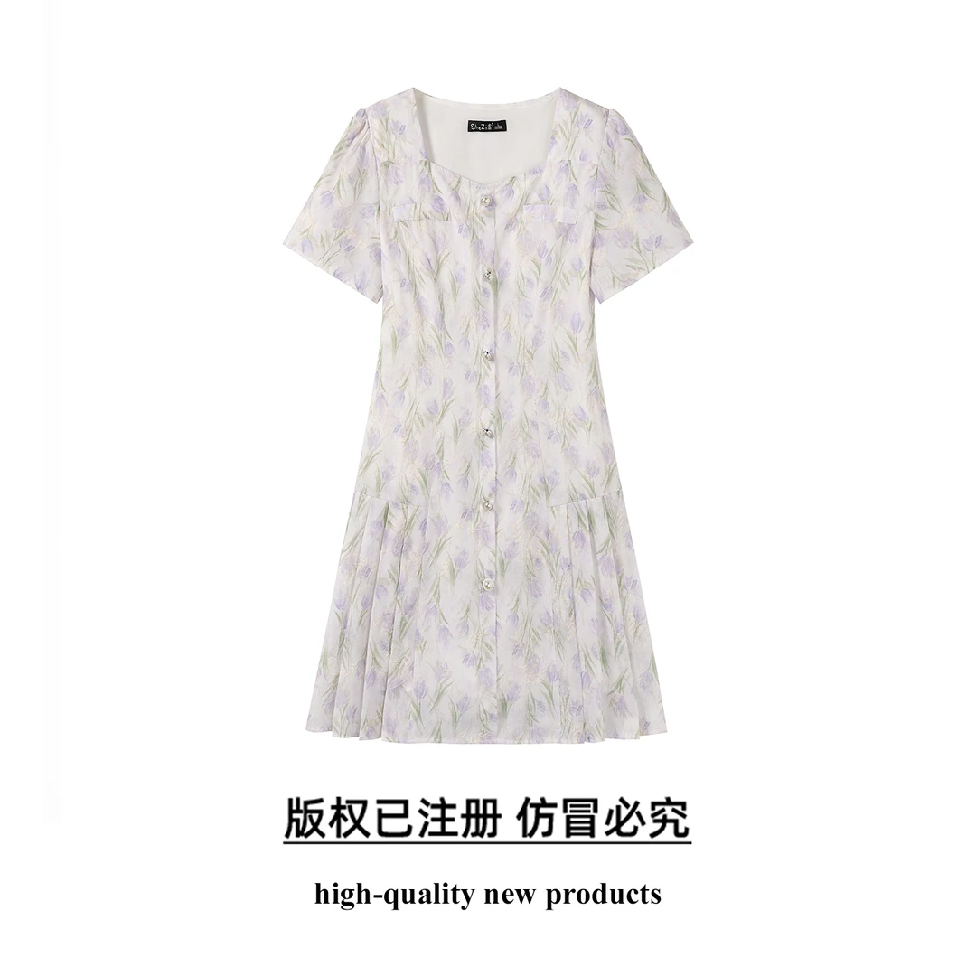 奢姿大码女装2025夏季新款时尚方领短袖连衣裙胖妹妹气质碎花裙子