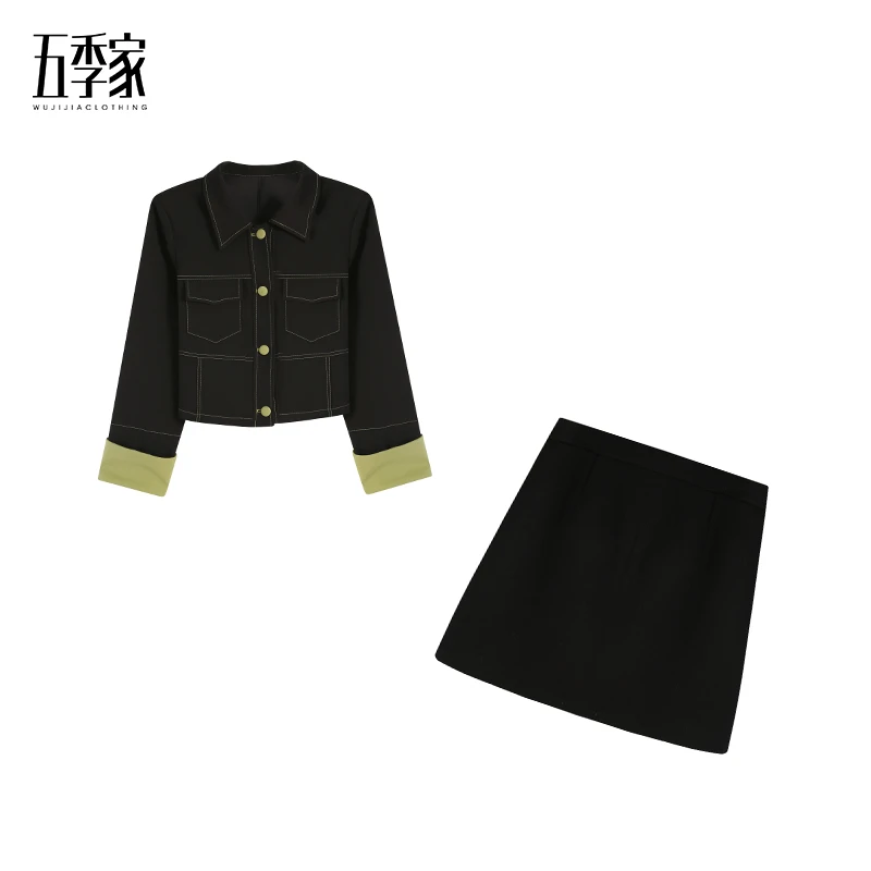 黑拼绿/黑拼橘上衣+黑色短裙两件套五季家ZL36411