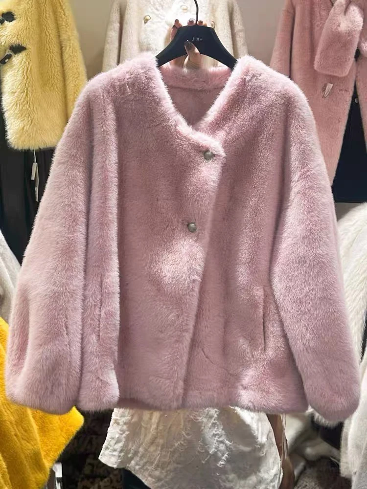 人造皮草 （加厚版）女款宽松毛毛外套女2扣款