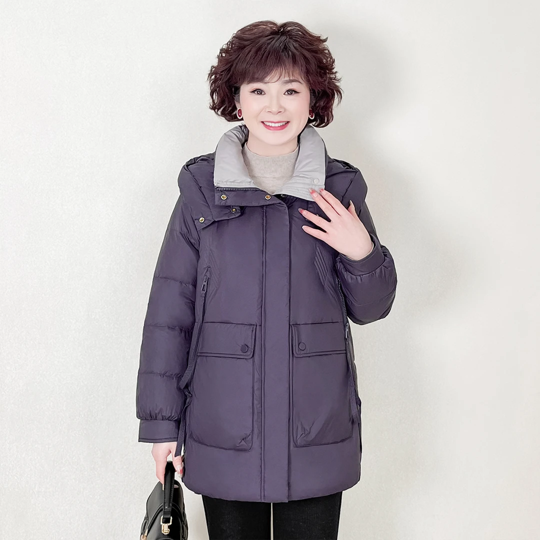 妈妈冬装中长款羽绒服女中老年女装洋气冬季中年白鸭绒连帽外套女