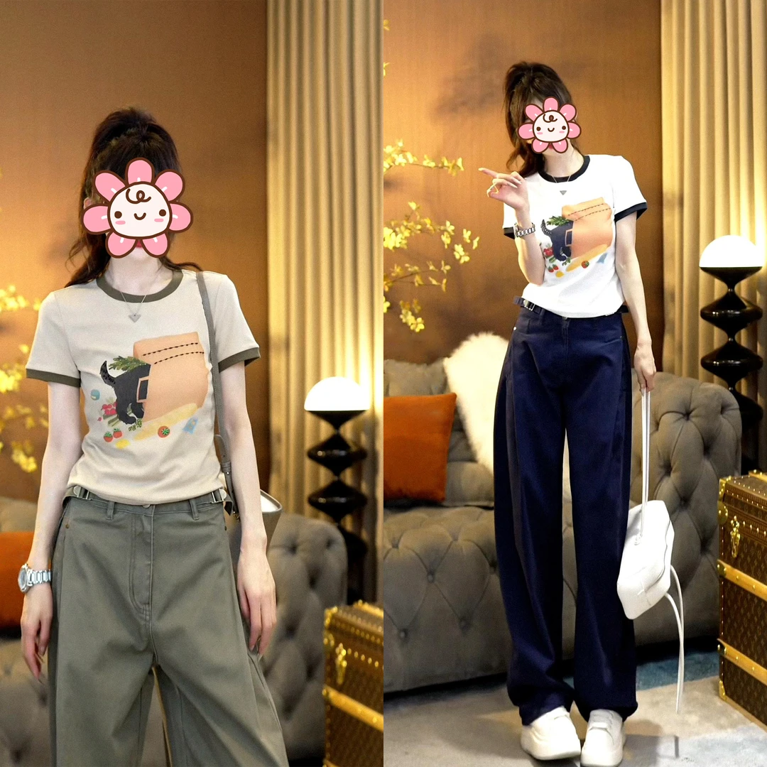 设计感气质套装夏季新款手工串珠印花短袖T恤+显瘦百搭工装休闲裤