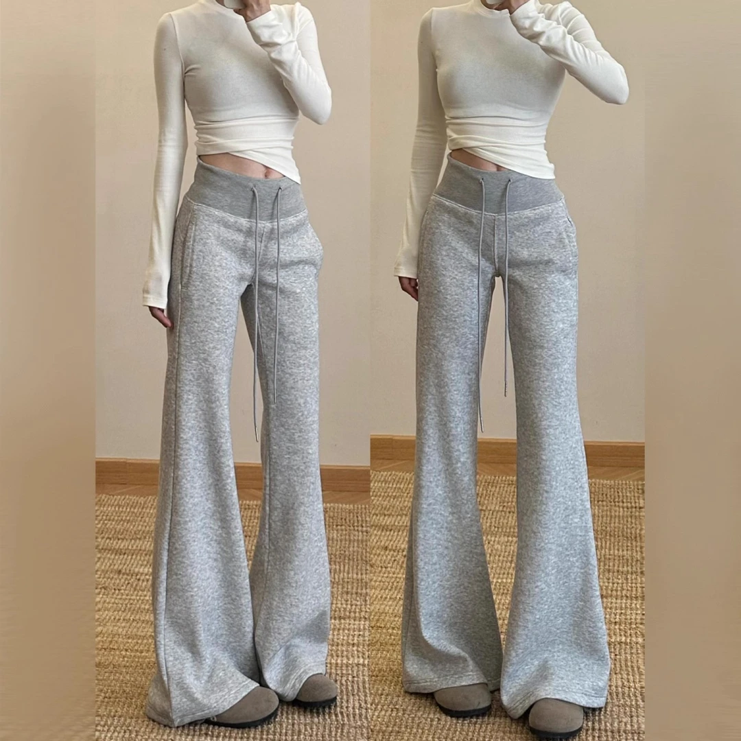 灰色美式运动微喇裤女春秋夏季新款小个子休闲宽松显瘦辣妹喇叭裤