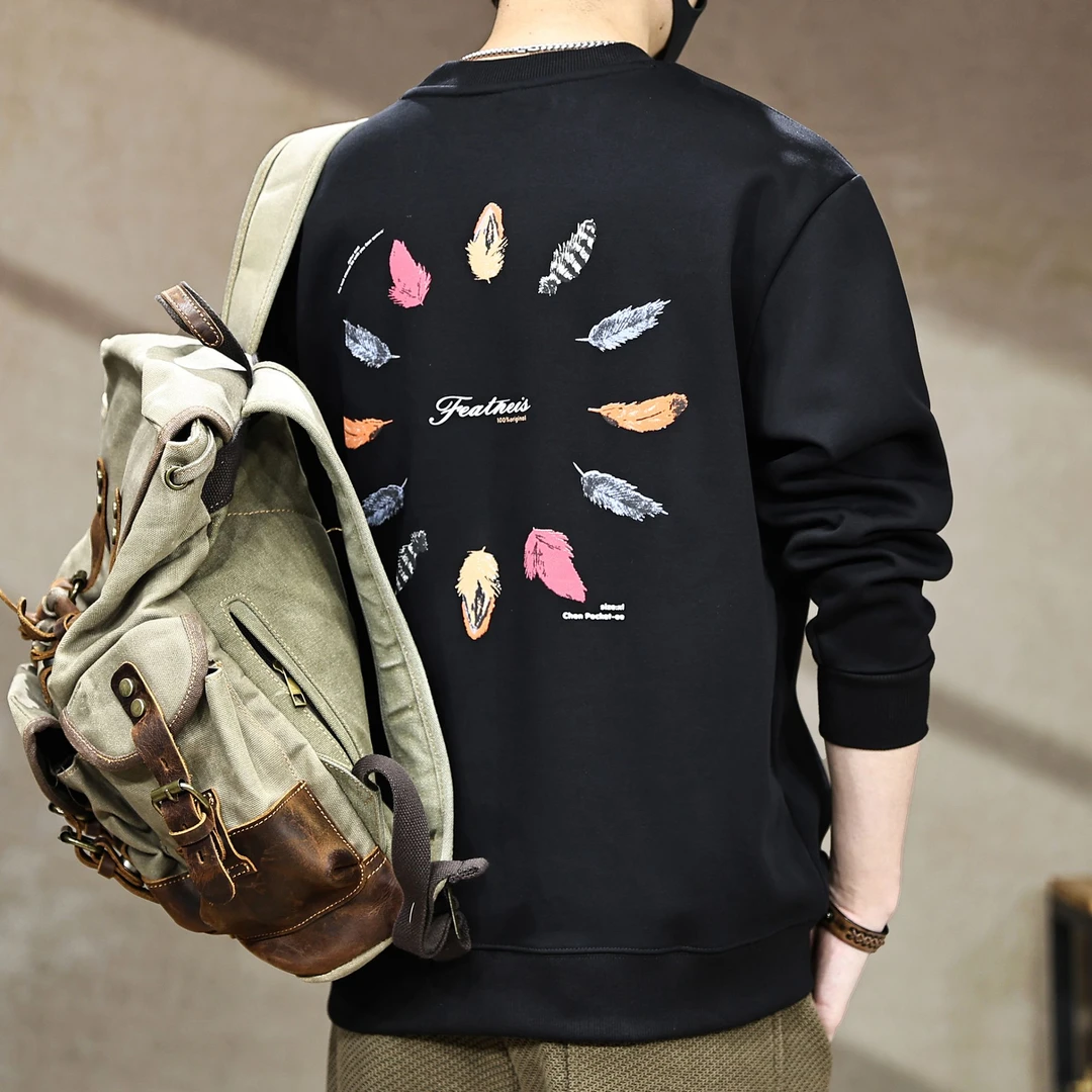 美式复古360g重磅卫衣男秋季新款潮流印花宽松圆领套头长袖上衣男